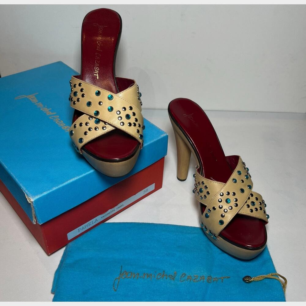 Jean-Michel Cazabat Platform Sandals Tan Leather Rhinestone 5 Inch Heel Size 7.5